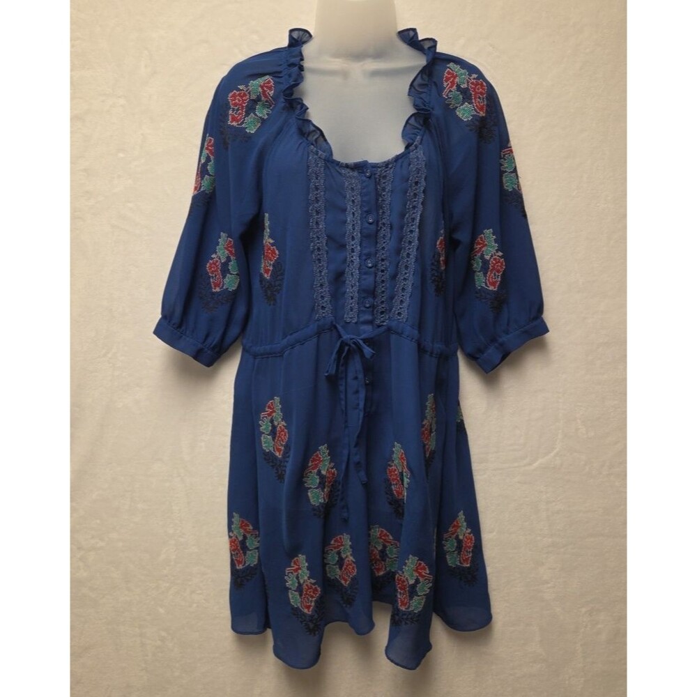 Anthropologie Meadow Rue Dress Blue Embroidered Floral SHEER Women's Medium Hobo